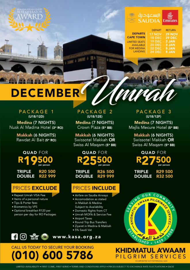 Khidmatul Awaam December Umrah Package 3 December 2018 Umrah